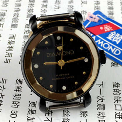 30mm SHANGHAI DIAMOND lady watch with black dial, manual mechanical movement, and 17 jewels design.