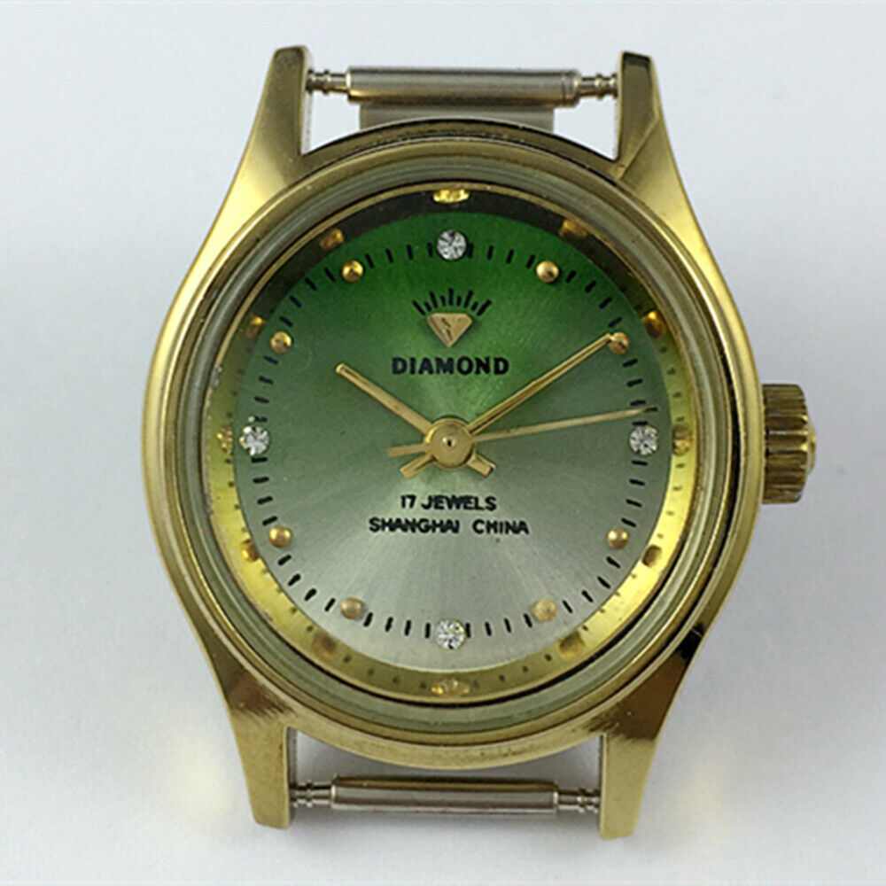 SHANGHAI DIAMOND 25mm oval manual mechanical lady watch with green dial and 17 jewels for elegant style