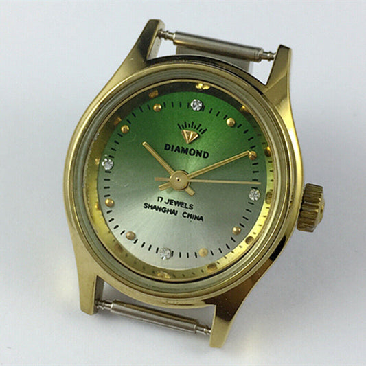 SHANGHAI DIAMOND 25mm oval manual mechanical lady watch with green dial and 17 jewels for elegant style