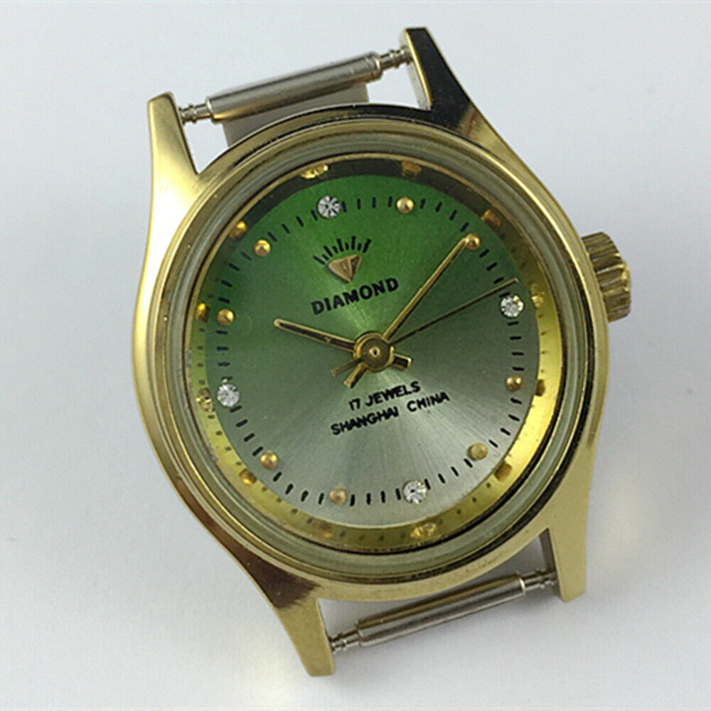 SHANGHAI DIAMOND 25mm oval lady watch with green dial, 17 jewels, and manual mechanical movement for elegant style