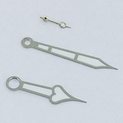 Heart shaped silver trim green lume watch hands for ST3600/ST3620/ETA6497/6498, perfect for vintage watch upgrades.