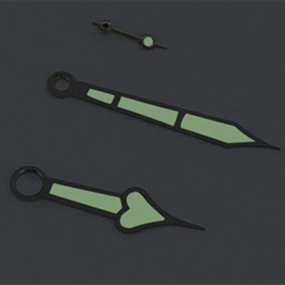Heart shaped silver trim green lume watch hands for ST3600/ST3620/ETA6497/6498, perfect for vintage watch upgrades.
