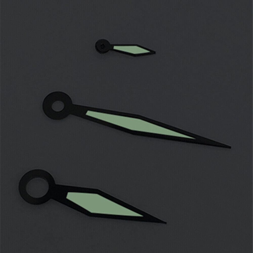 Black trim white polished watch hands with green lume for ST3600, ST3620, ETA6497, ETA6498 movements.