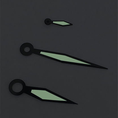 Black trim white polished watch hands with green lume for ST3600, ST3620, ETA6497, ETA6498 movements.