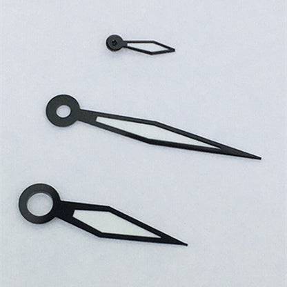 Black trimmed white polished watch hands with green lume for ST3600 and ETA movements.