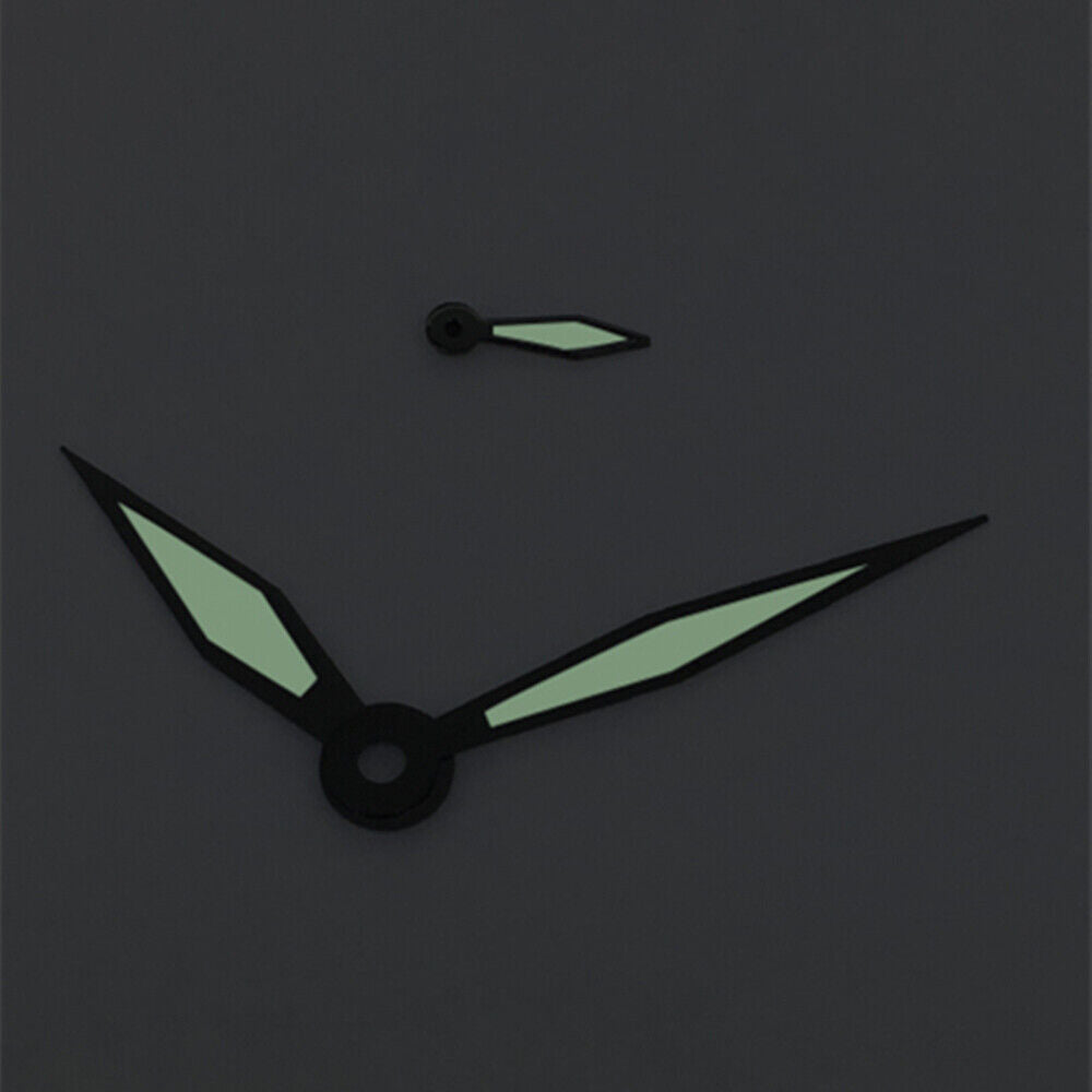 Black trim white polished watch hands with green lume for ST3600, ST3620, ETA6497, ETA6498 movements, ideal for precise timekeeping.