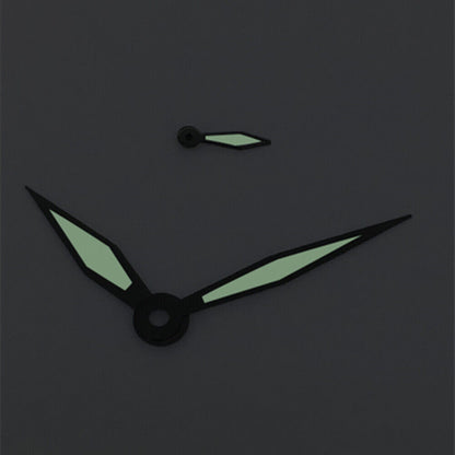 Black trim white polished watch hands with green lume for ST3600, ST3620, ETA6497, ETA6498 movements, ideal for precise timekeeping.