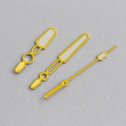 Green luminous watch hands with colorful trim, compatible with NH35/NH36/4R/7S movements by Fashion Candy.