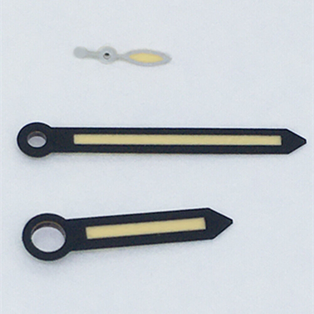 Black trim watch hands with yellow luminous finish for ST3600/ST3620/ETA6497/6498 movements.