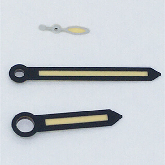 Black trim watch hands with yellow luminous finish for ST3600/ST3620/ETA6497/6498 movements.