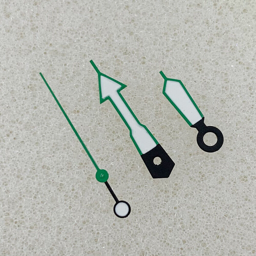 Green luminous arrow-shaped watch hands with trim, compatible with NH35, NH36, 4R, and 7S movements.