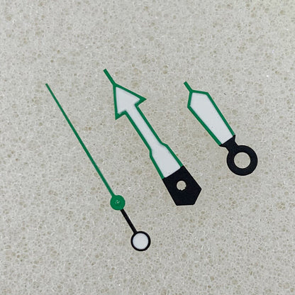 Green luminous arrow-shaped watch hands with trim, compatible with NH35, NH36, 4R, and 7S movements.