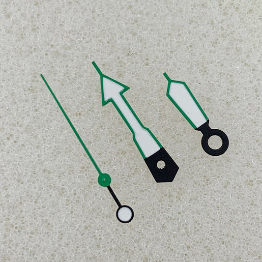 Green luminous arrow-shaped watch hands with trim, compatible with NH35, NH36, 4R, and 7S movements.