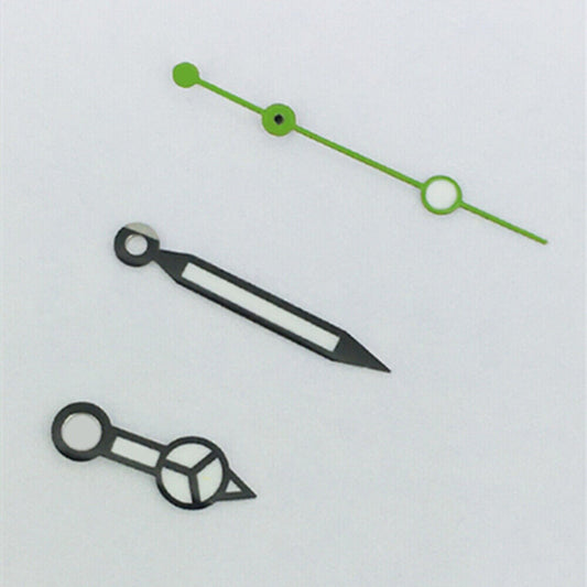 Green lume watch hands with black trim, compatible with ETA2836/2846/2824/2846 movements, for accurate timekeeping.