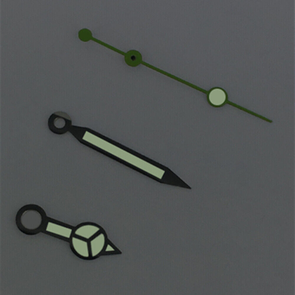 Green lume watch hands with black trim, compatible with ETA2836/2846/2824/2846 movements, for accurate timekeeping.