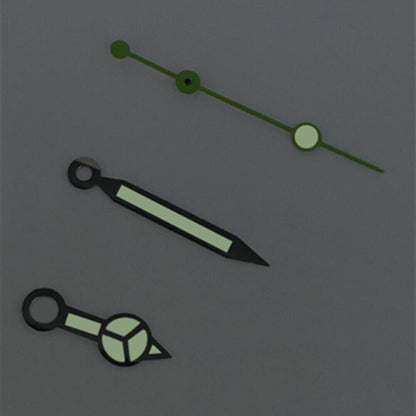 Green lume watch hands with black trim, compatible with ETA2836/2846/2824/2846 movements, for accurate timekeeping.