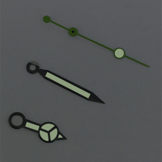 Green lume watch hands with black trim, compatible with ETA2836/2846/2824/2846 movements, for accurate timekeeping.