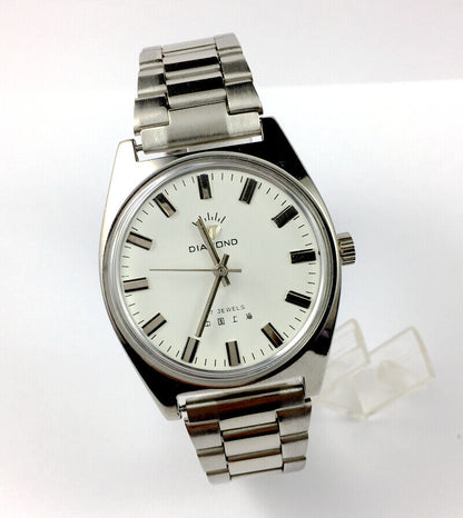 SHANGHAI DIAMOND 38mm manual mechanical watch with 17 jewels, white dial, and silver case for classic style.