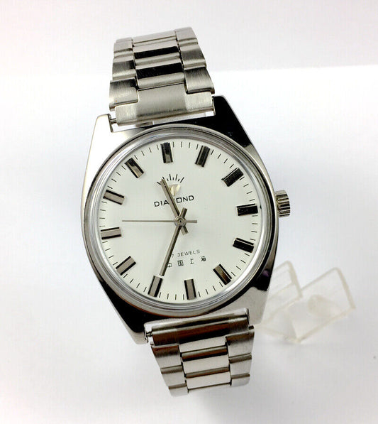 SHANGHAI DIAMOND 38mm manual mechanical watch with 17 jewels, white dial, and silver case for classic style.