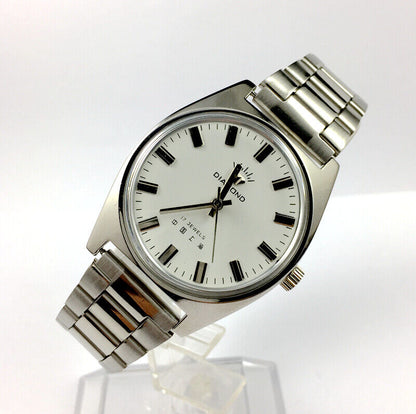 SHANGHAI DIAMOND 38mm manual watch with white dial, silver case, and 17 jewels for classic elegance.