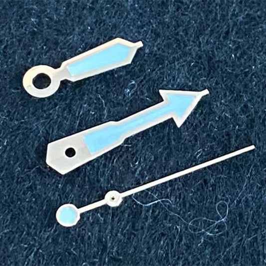 Rose gold trimmed green luminous watch hands for NH35/NH36/4R36 movement, ideal for watch repair.