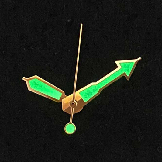 Rose gold trimmed green luminous watch hands for NH35/NH36/4R36 movement, ideal for watch repair.