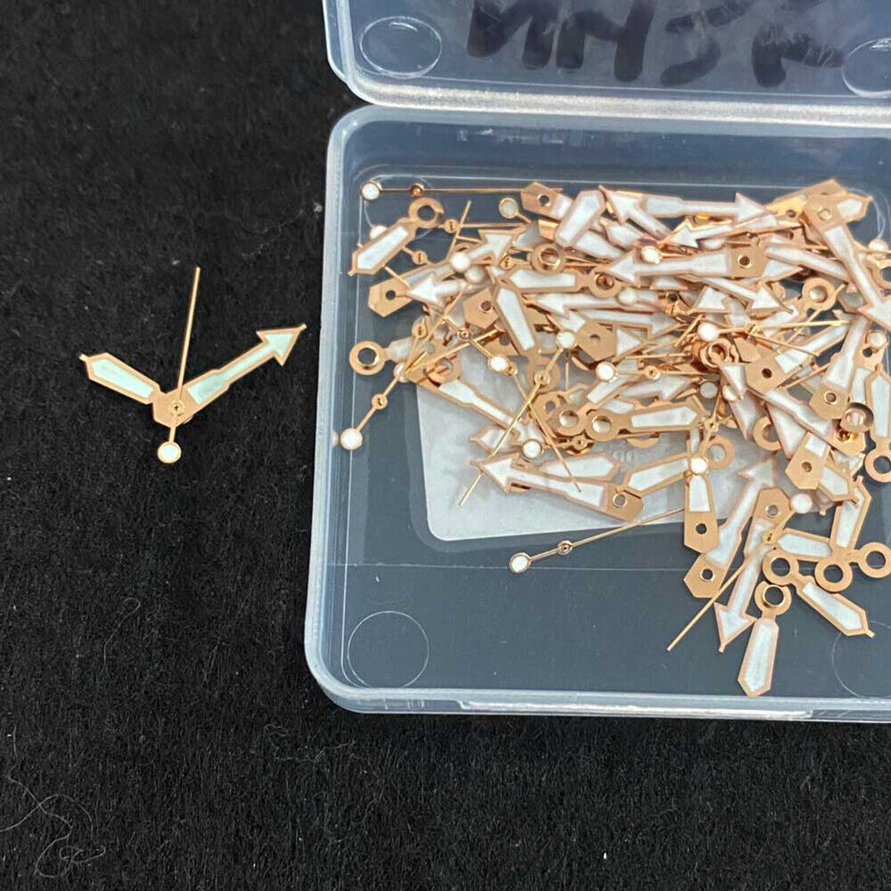 Rose gold trimmed green luminous watch hands for NH35/NH36/4R36 movement, perfect for precise watch repair.