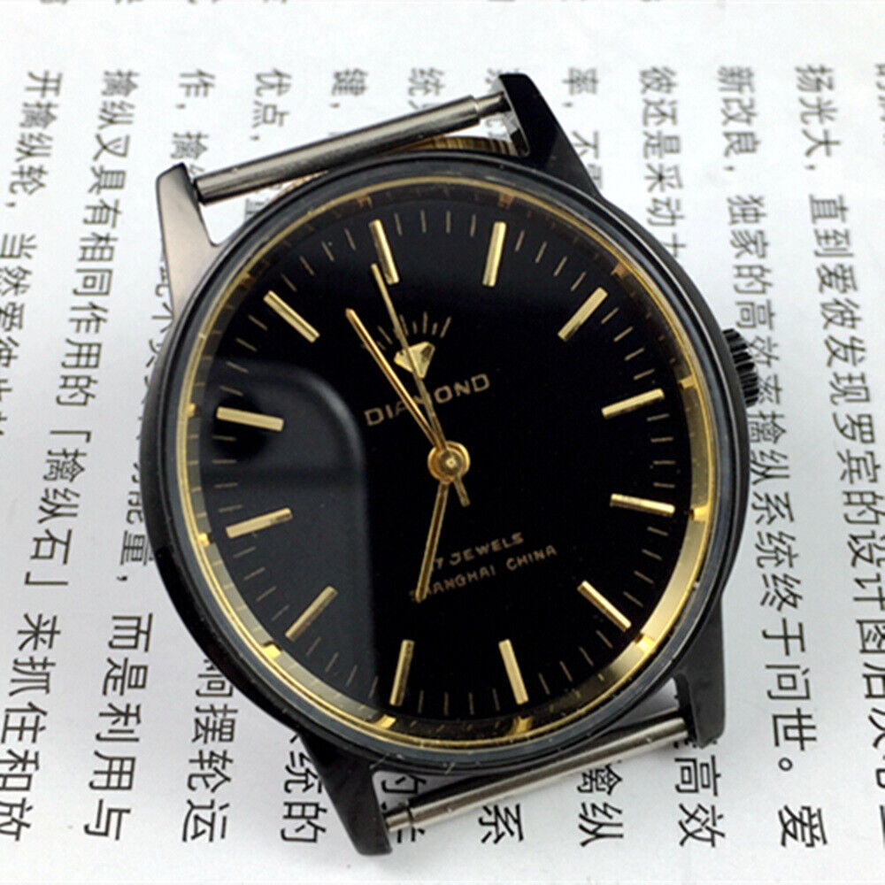 36mm Shanghai Diamond oval manual watch with 17 jewels, black dial, sleek case for elegant style.