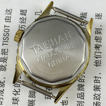 Liaocheng TAISHAN 27mm lady watch with golden markers, 19 jewels, and precise 3-hand mechanical movement.