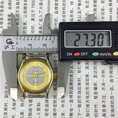 Liaocheng TAISHAN 27mm elegant lady watch with golden markers, 19 jewels, and manual mechanical movement.
