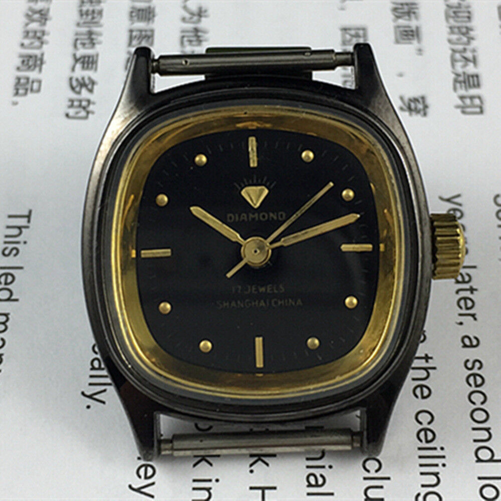 26mm SHANGHAI DIAMOND lady watch with black dial, square case, manual mechanical movement, elegant design
