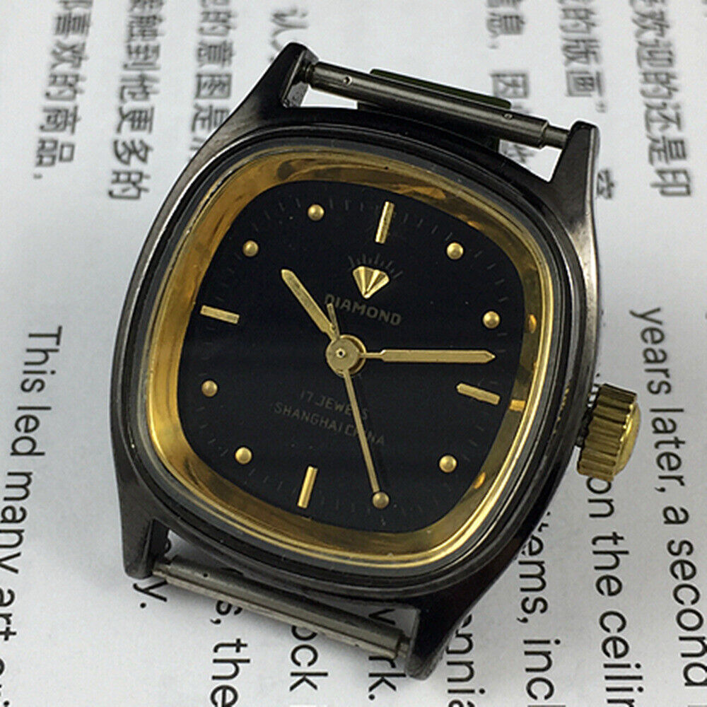 26mm SHANGHAI DIAMOND Lady Watch with black dial, square case, manual movement, elegant style accessory.
