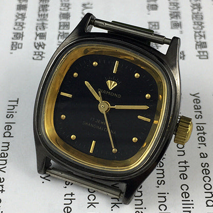 26mm SHANGHAI DIAMOND Lady Watch with black dial, square case, manual movement, elegant style accessory.