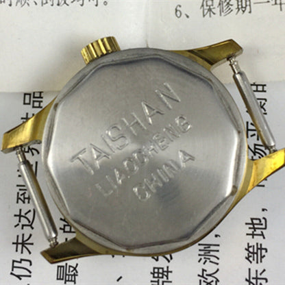 TAISHAN 26mm lady watch with golden case, manual mechanical movement, and 19-jewel precision.