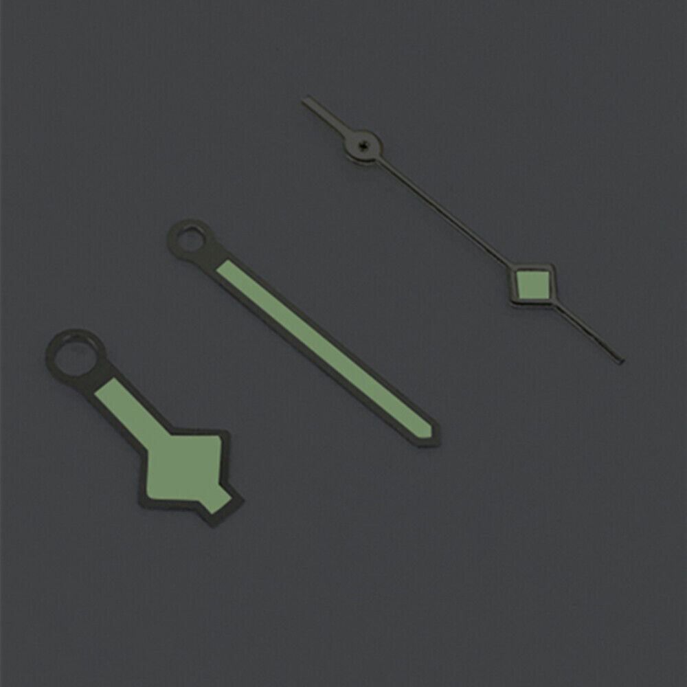 Silver trim green luminous watch hands for Asian 8215/2813/8205 movement, perfect for precise timekeeping.