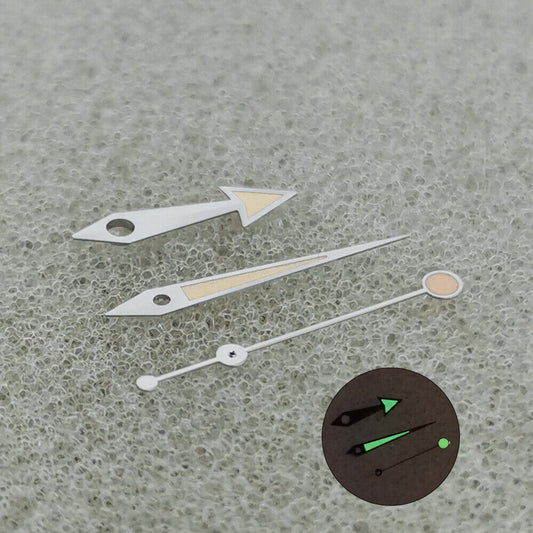 Green luminous orange watch hands with silver trim for NH35, NH36, 4R, and 7S movements.
