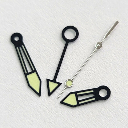 GMT Fruit Green watch hands with black trim, luminous for JP Epson NH34 movement, enhancing precise timekeeping accuracy.