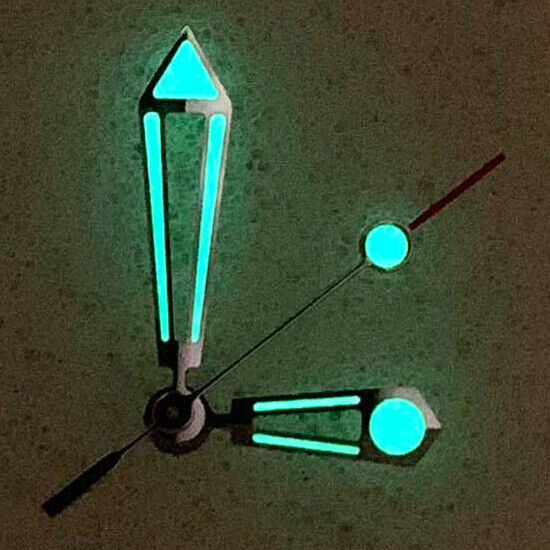 Green luminous silver trim watch hands with hollow design, compatible with NH35/NH36/4R/7S movements.