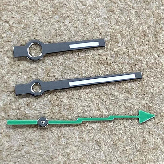 Green lume silver trim watch hands for Miyota 8215/821A, perfect for precise timekeeping upgrades.