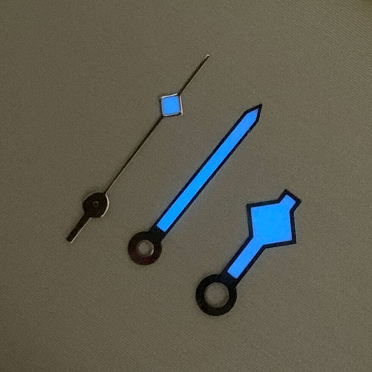 Blue luminous silver watch hands compatible with NH35/NH36 movement, perfect for watch repairs and upgrades.