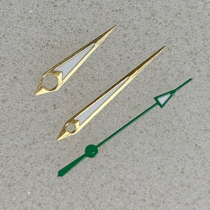 Golden arrow-shaped luminous watch hands with green trim for NH35/NH36/4R/7S movements.