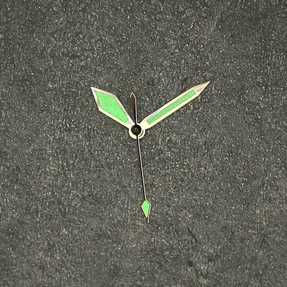 Diamond shape green lume silver trim watch hands for NH35/NH36/4R36 movement, precise fit and luminous display.