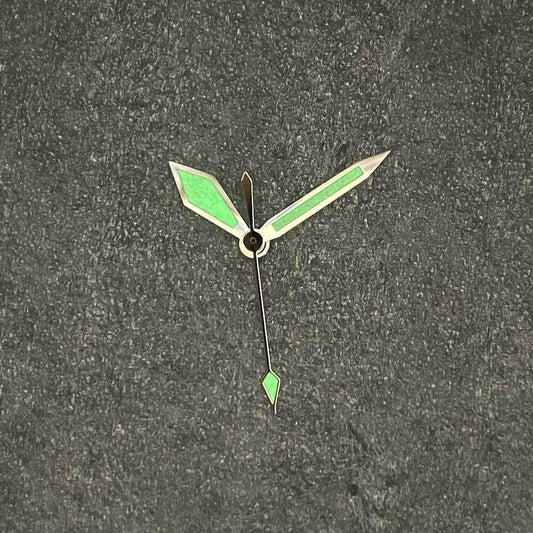 Diamond shape green lume silver trim watch hands for NH35/NH36/4R36 movement, precise fit and luminous display.