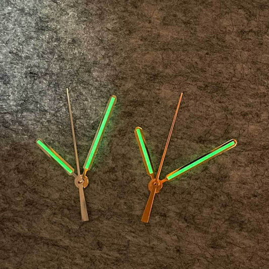 Green luminous watch hands with silver and golden trim, compatible with NH35/NH36/4R36 movements.