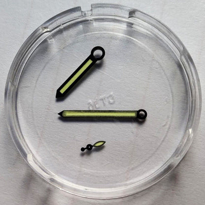 Green lume watch hands with black trim for ST3600/ST3620 ETA6497/6498 movements.