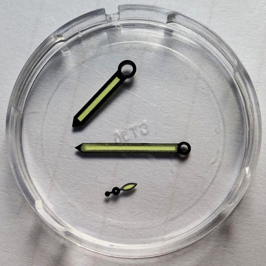 Green lume watch hands with black trim for ST3600/ST3620 ETA6497/6498 movements.