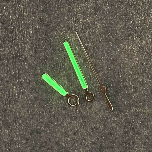 Vintage green luminous watch hands with silver trim, compatible with NH35/NH36 movement, designed for precise timekeeping.