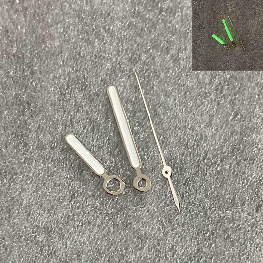 Vintage green luminous watch hands with silver trim, compatible with NH35/NH36 movement, designed for precise timekeeping.
