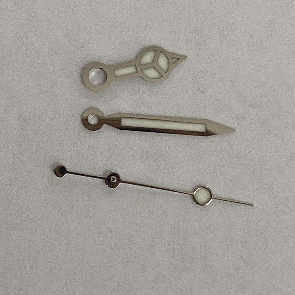 Silver luminous watch hands for NH35/NH36 movement, ideal for 3-hand watch upgrades.