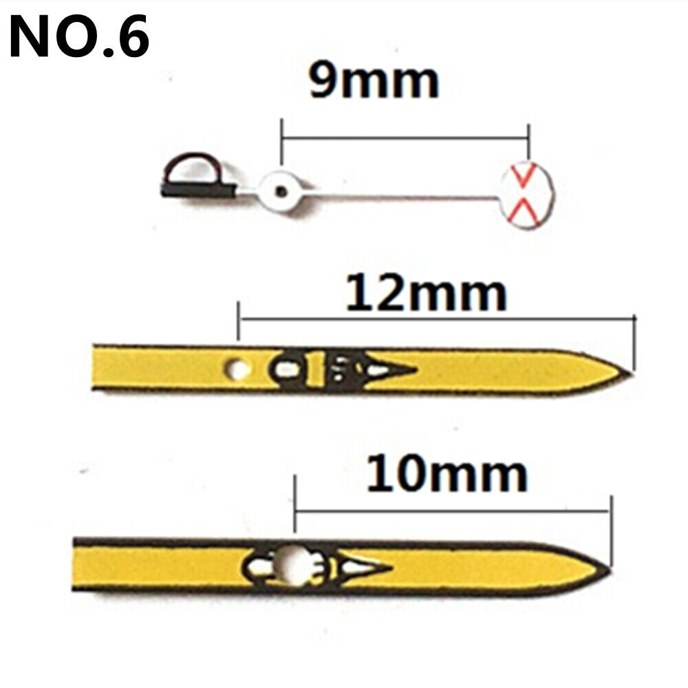 Aiguilles de montre irrégulières jaunes de 12 mm pour mouvement à quartz Miyota 2035